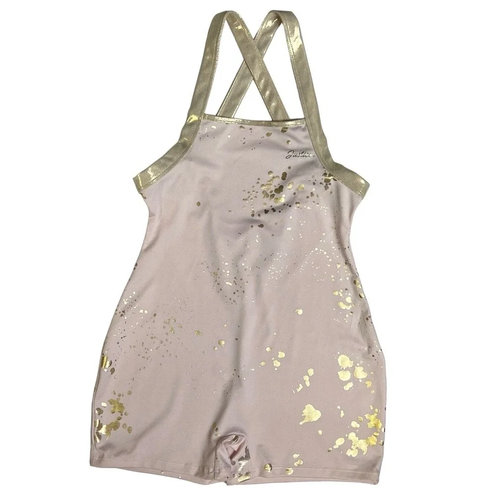 Justice Biketard Girls XL 16/18 Pink Gold‎ Strappy Back Dance Gymnastics Sparkle